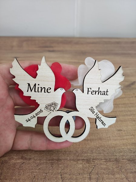 Ahşap Kanarya Yüzüklü Söz, Nikah, Nişan, Kına, Düğün Magneti, Hediyelik Magnet