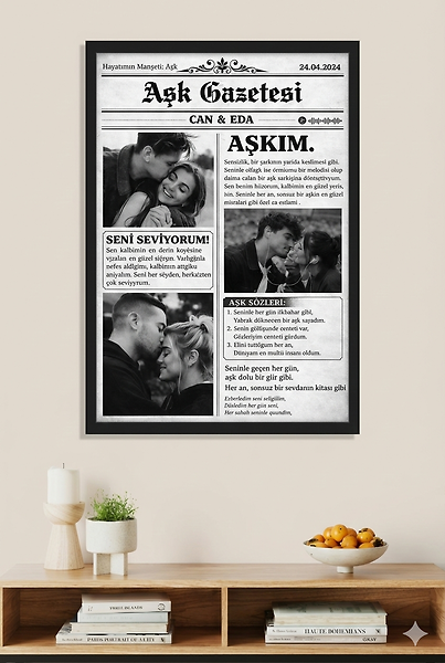 Sevgiliye Özel Aşk Gazetesi Tablosu – Fotoğraflı ve Kişisel Anı Gazetesi