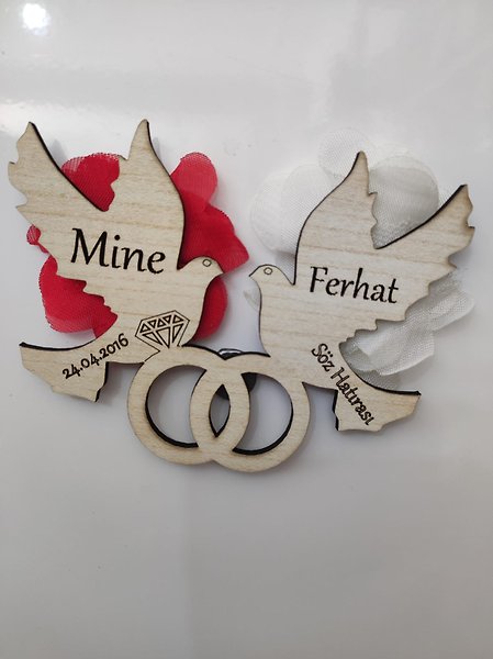 Ahşap Kanarya Yüzüklü Söz, Nikah, Nişan, Kına, Düğün Magneti, Hediyelik Magnet 15 Adet