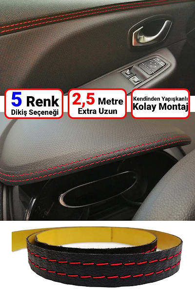 Miracix MR01 Araba Oto İçi Dekoratif Kapı Çizgi Dikişli Deri Trim Şerit 2.5 Mt