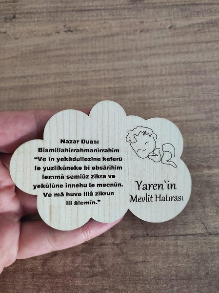 Toptan Ahşap Bulut Şekilli Yazılı, Mevlit, Sünnet, Yenidoğan Magneti Hediyelik 15 Adet